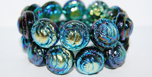 Round With Rose Flower Pressed Glass Beads, Transparent Green Emerald Ab 2X (50720 Ab 2X), Glass, Czech Republic