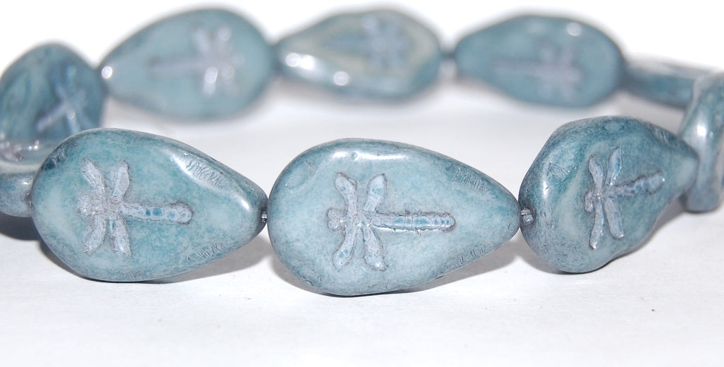 Leaf With Drahonfly Pressed Glass Beads, White Luster Blue Full Coated (2010 14464), Glass, Czech Republic