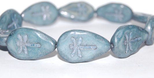 Leaf With Drahonfly Pressed Glass Beads, White Luster Blue Full Coated (2010 14464), Glass, Czech Republic