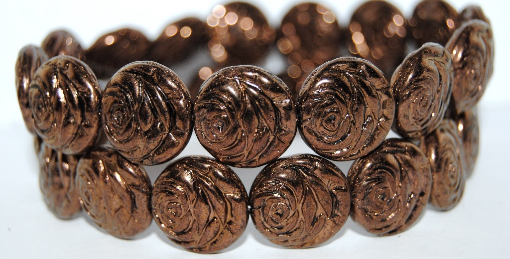 Round Flat Rose Flower Pressed Glass Beads, Black Bronze (23980 14415), Glass, Czech Republic