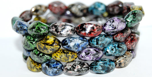 Twisted Oval Pressed Glass Beads, Chalk White Lava Mixed Colors Glass Black (3000 Lava Mix Glass Black), Glass, Czech Republic