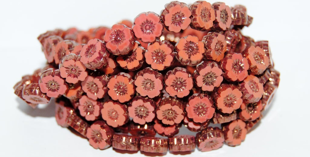 Table Cut Round Beads Hawaii Flowers, Red Bronze (93400 14415), Glass, Czech Republic
