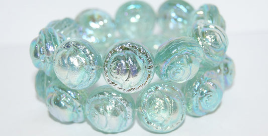 Round With Rose Flower Pressed Glass Beads, Transparent Aqua Ab 2X (60210 Ab 2X), Glass, Czech Republic