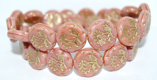 Round Flat With Flower Marguerite Pressed Glass Beads, (74020B 54202), Glass, Czech Republic