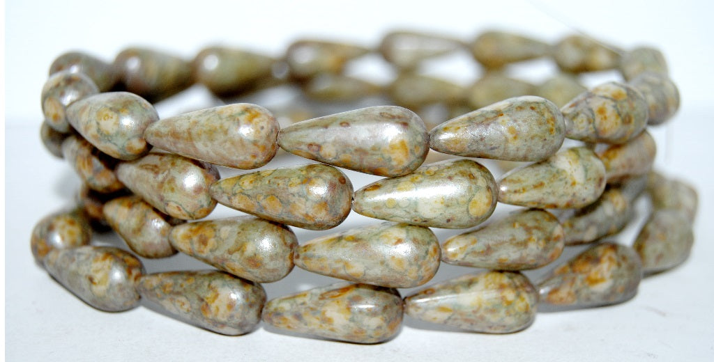 Pear Drop Pressed Glass Beads, Senegal Green (15657), Glass, Czech Republic