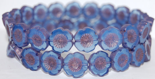 Table Cut Round Beads Hawaii Flowers, Opal Blue Bronze Matte (31000 14415M), Glass, Czech Republic