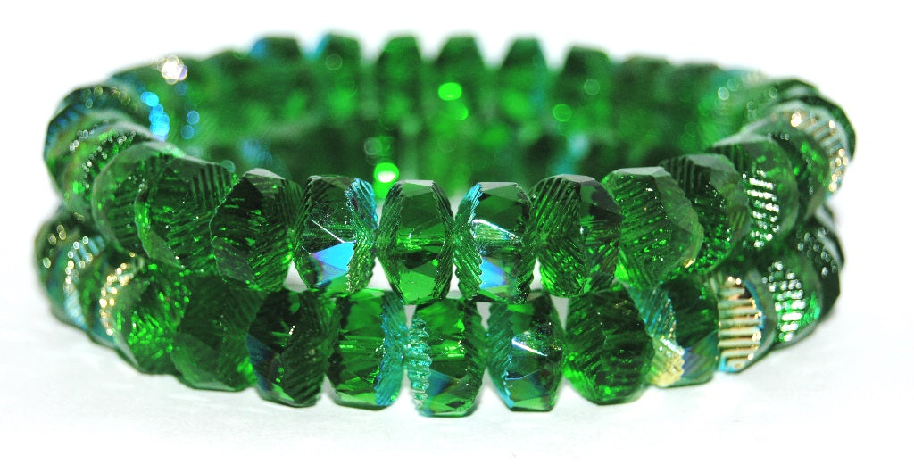 Faceted Cathedral Fire Polished Glass Beads, Transparent Green Ab (50130 Ab), Glass, Czech Republic