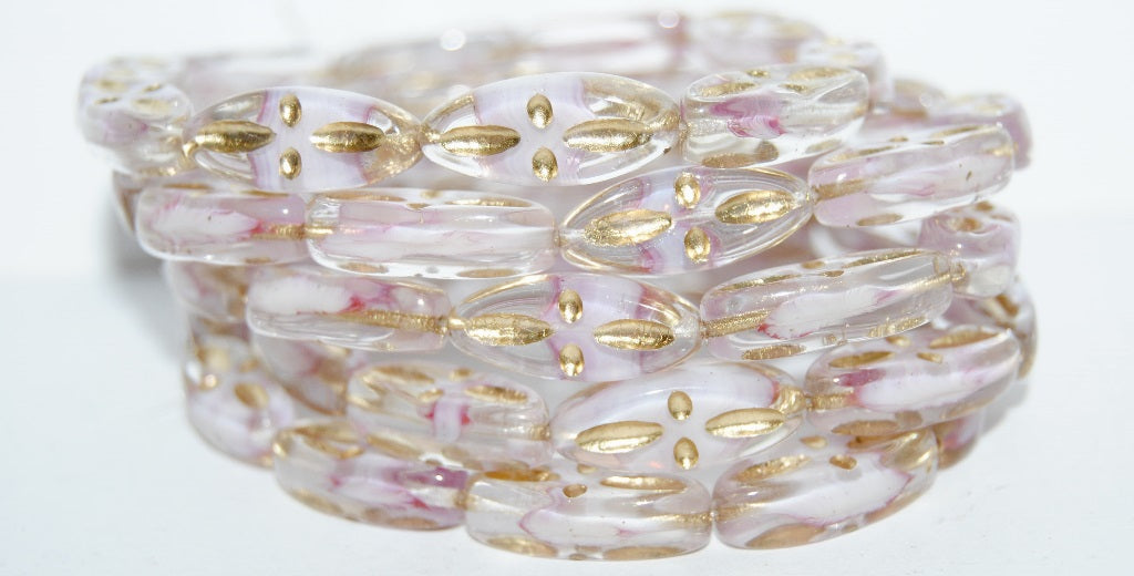Boat Oval Pressed Glass Beads With Decor, (8702 54202), Glass, Czech Republic