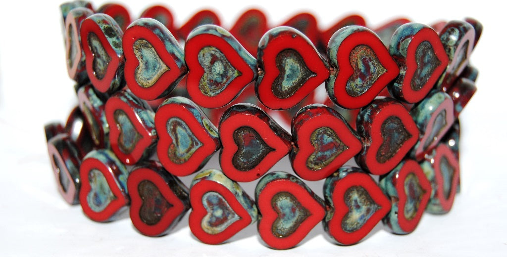 Table Cut Heart Beads With Heart, Opaque Red Travertin (93200 86800), Glass, Czech Republic