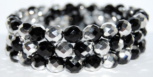 Fire Polished Round Faceted Beads, Black Crystal Silver Half Coating (23980 27001), Glass, Czech Republic