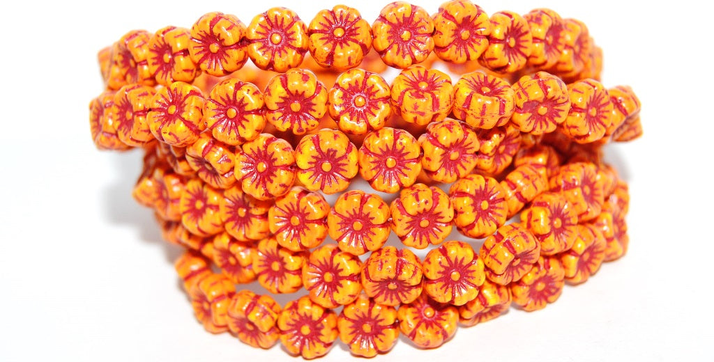 Hawaii Flower Pressed Glass Beads, (Mixglass Orange 46490), Glass, Czech Republic