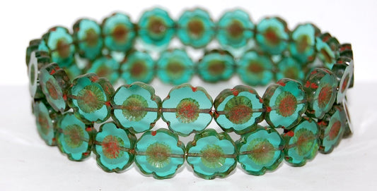 Table Cut Round Beads Hawaii Flowers, Transparent Green Emerald Travertin (50710 86800), Glass, Czech Republic