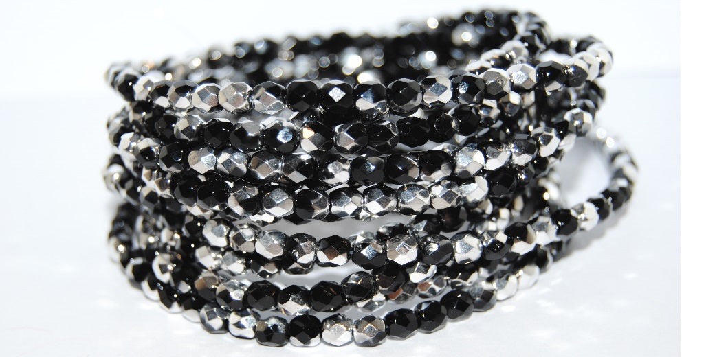 Fire Polished Round Faceted Beads, Black Crystal Silver Half Coating (23980 27001), Glass, Czech Republic