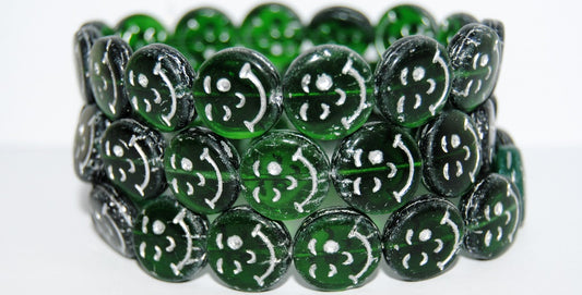 Smile Flat Round Pressed Glass Beads, Transparent Green 54201 (50130 54201), Glass, Czech Republic