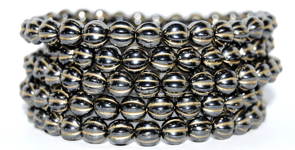 Melon Round Pressed Glass Beads With Stripes, Black 14454202 (23980 14454202), Glass, Czech Republic