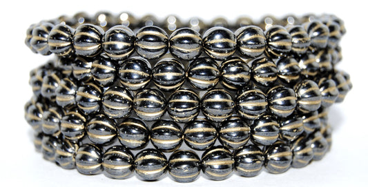 Melon Round Pressed Glass Beads With Stripes, Black 14454202 (23980 14454202), Glass, Czech Republic