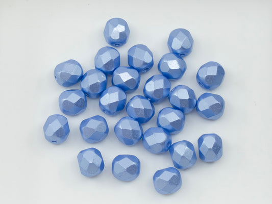 Facted Fire Polish Round Beads Pastel Sky Blue (25014), Glass, Czech Republic