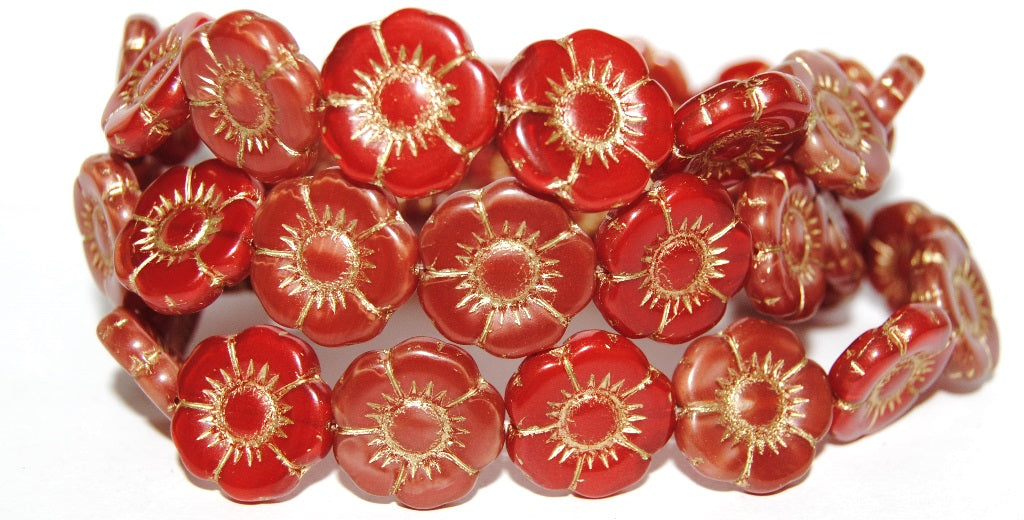 Round Flat Flower Pressed Glass Beads, Red Mixed Colors 54202 (Red Mix 54202), Glass, Czech Republic