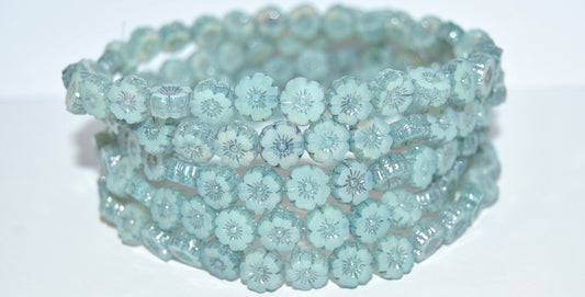 Table Cut Round Beads Hawaii Flowers, Beige Luster Blue Full Coated (84000 14464), Glass, Czech Republic