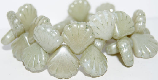 Scallop Seashell Pressed Glass Beads, Luster Green Full Coated (14457), Glass, Czech Republic