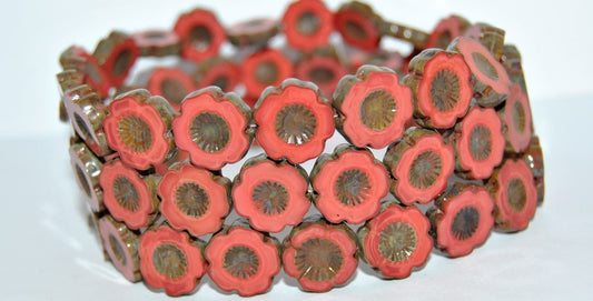 Table Cut Round Beads Hawaii Flowers, Red B Travertin (93400 B 86800), Glass, Czech Republic