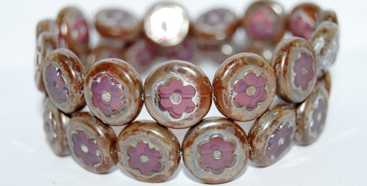 Table Cut Round Beads With Flower, (71010B 43400), Glass, Czech Republic