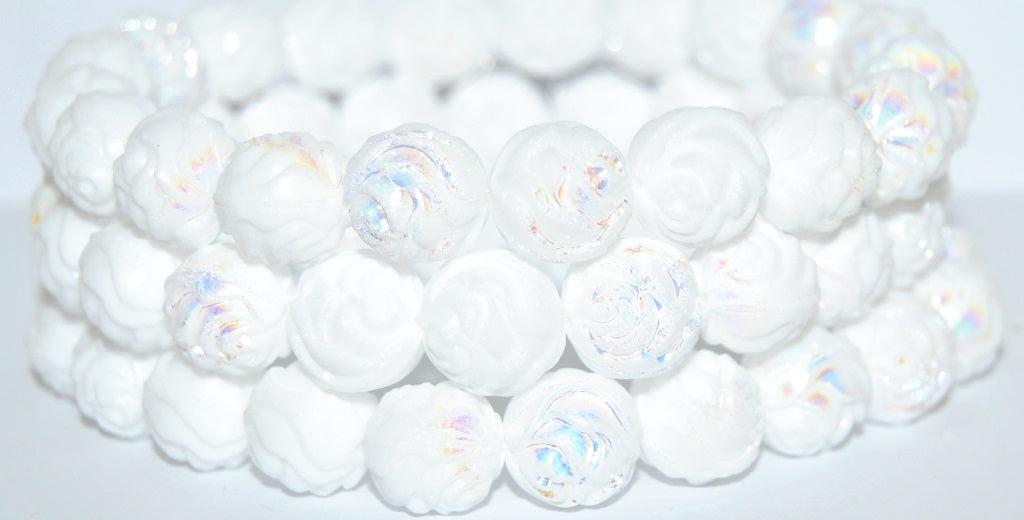 Round Rose Pressed Glass Beads, Chalk White Ab (3000 Ab), Glass, Czech Republic