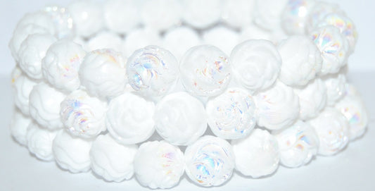 Round Rose Pressed Glass Beads, Chalk White Ab (3000 Ab), Glass, Czech Republic