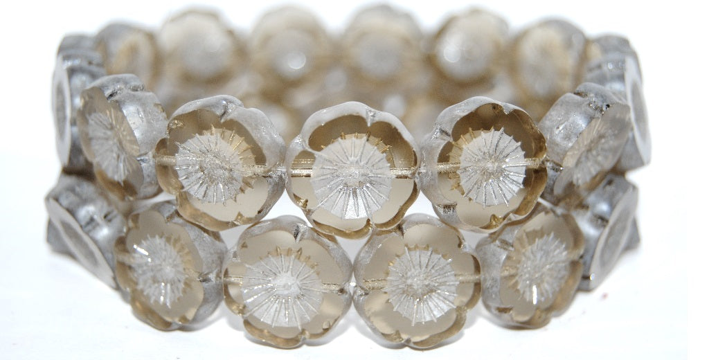 Table Cut Round Beads Hawaii Flowers, 40020 Luster Cream (40020 14401), Glass, Czech Republic