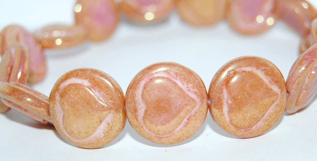 Round Flat Wit Convex Heart Pressed Glass Beads, White Luster Red Full Coated (2010 14495), Glass, Czech Republic