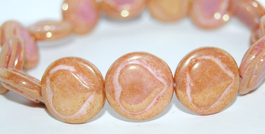 Round Flat Wit Convex Heart Pressed Glass Beads, White Luster Red Full Coated (2010 14495), Glass, Czech Republic