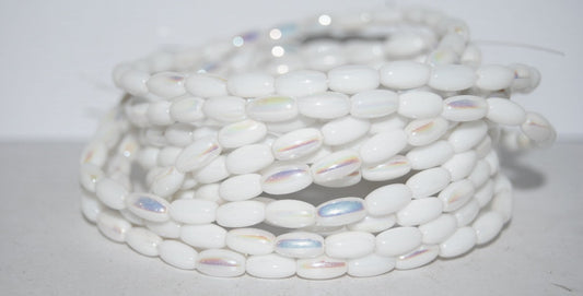 Olive Oval Pressed Glass Beads, Chalk White Ab (3000 Ab), Glass, Czech Republic
