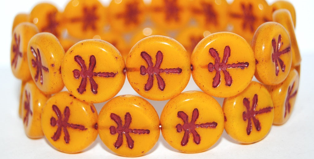 Round Flat Wit Dragonfly Pressed Glass Beads, Opal Yellow 46490 (81210 46490), Glass, Czech Republic