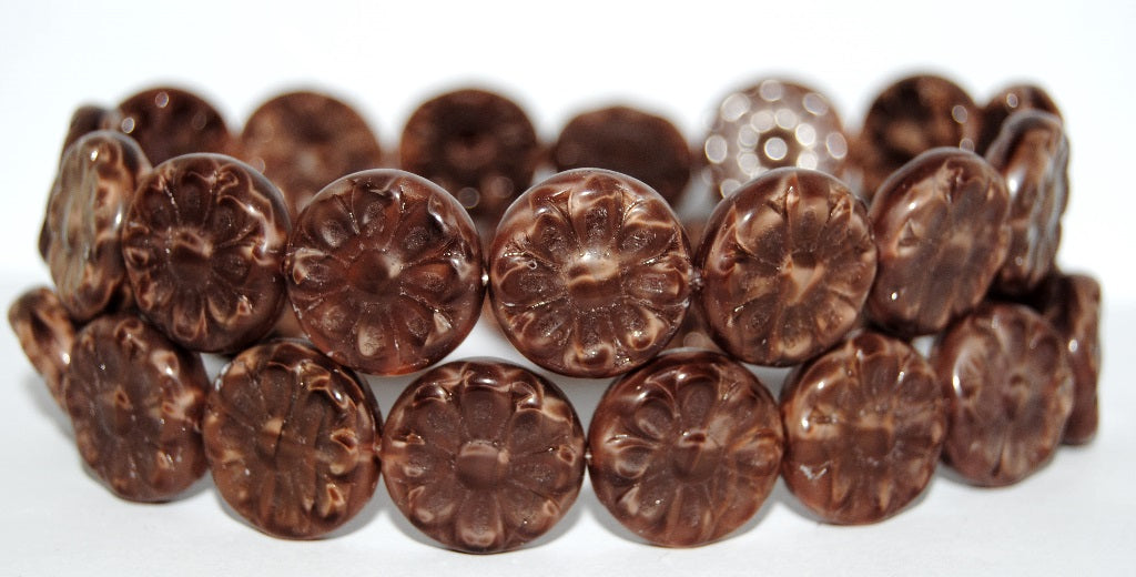Flat Round With Flower Pressed Glass Beads, 17602 (17602), Glass, Czech Republic