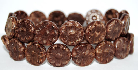 Flat Round With Flower Pressed Glass Beads, 17602 (17602), Glass, Czech Republic