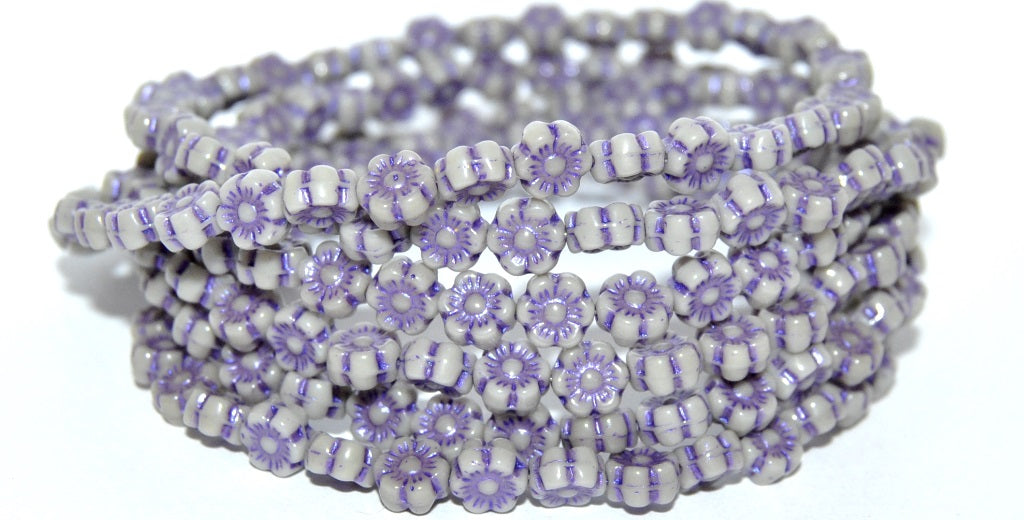 Hawaii Flower Pressed Glass Beads, Opaque Gray 43810 Metalic (43020 43810 Metalic), Glass, Czech Republic