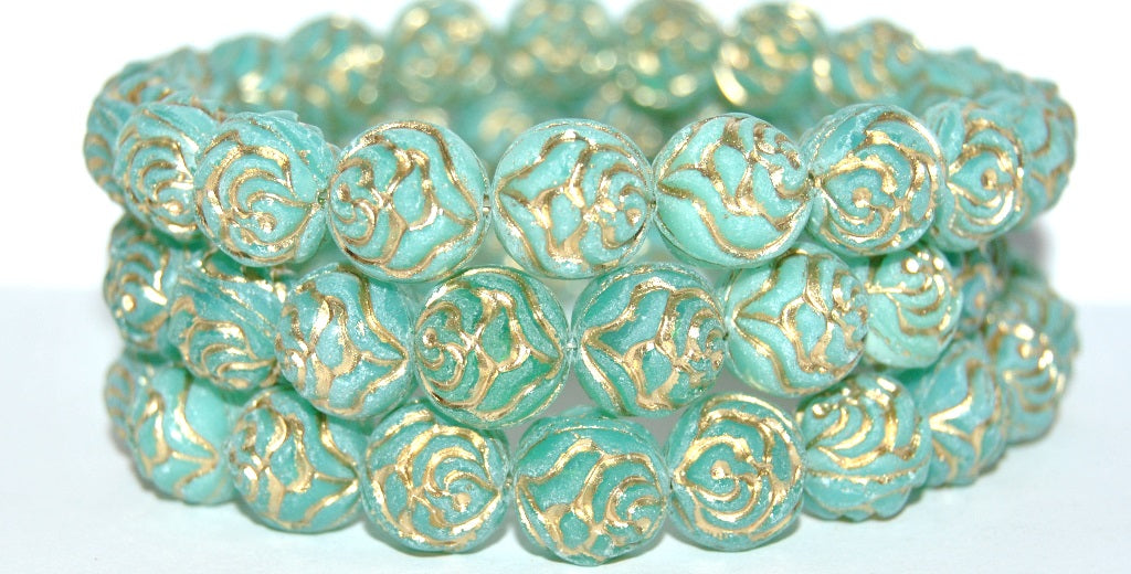 Round Rose Pressed Glass Beads, Opal Aqua 54202 Antiq Uranium (61100 54202 Antiq Uranium), Glass, Czech Republic