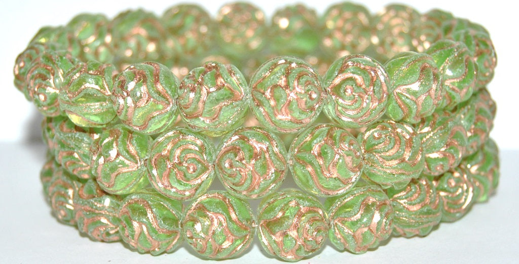 Round Rose Pressed Glass Beads, Transparent Green 54200 Antiq Uranium (50800 54200 Antiq Uranium), Glass, Czech Republic