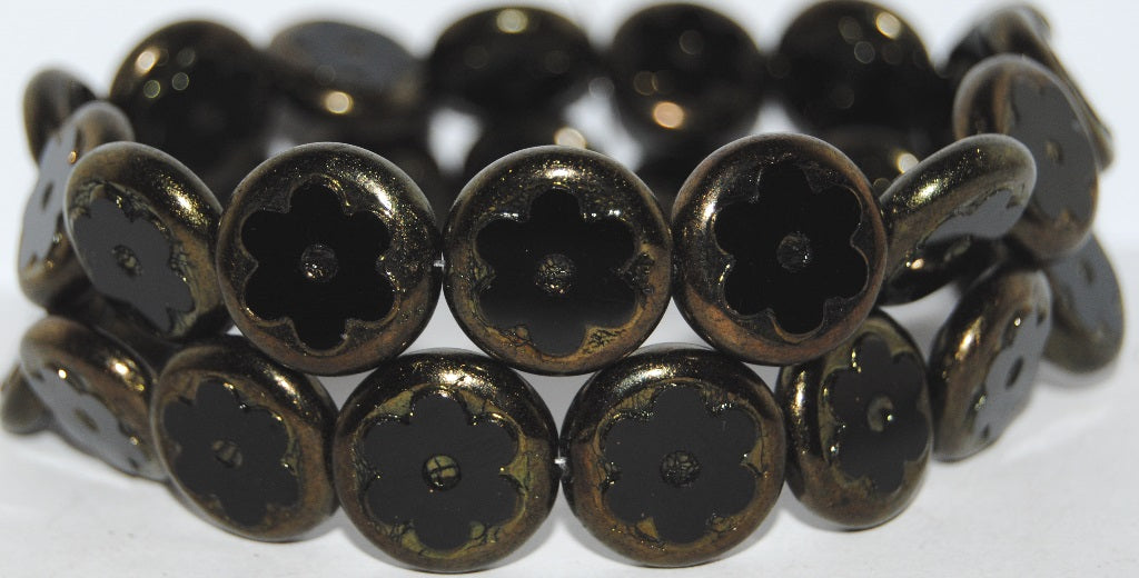 Table Cut Round Beads With Flower, Black Luster Red Full Coated (23980 14495), Glass, Czech Republic