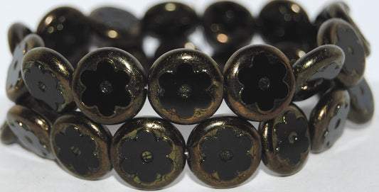 Table Cut Round Beads With Flower, Black Luster Red Full Coated (23980 14495), Glass, Czech Republic