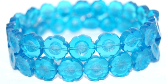 Table Cut Round Beads Hawaii Flowers, Transparent Aqua Luster Cream (60040 14401), Glass, Czech Republic