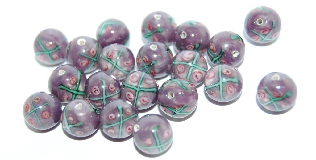 Czech Glass Hand Made Round Lampwork Beads With Flower, (10 B), Glass, Czech Republic