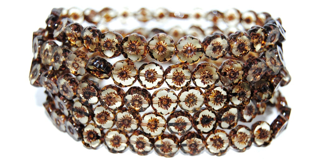 Table Cut Round Beads Hawaii Flowers, Transparent Yellow Travertin (80120 86800), Glass, Czech Republic