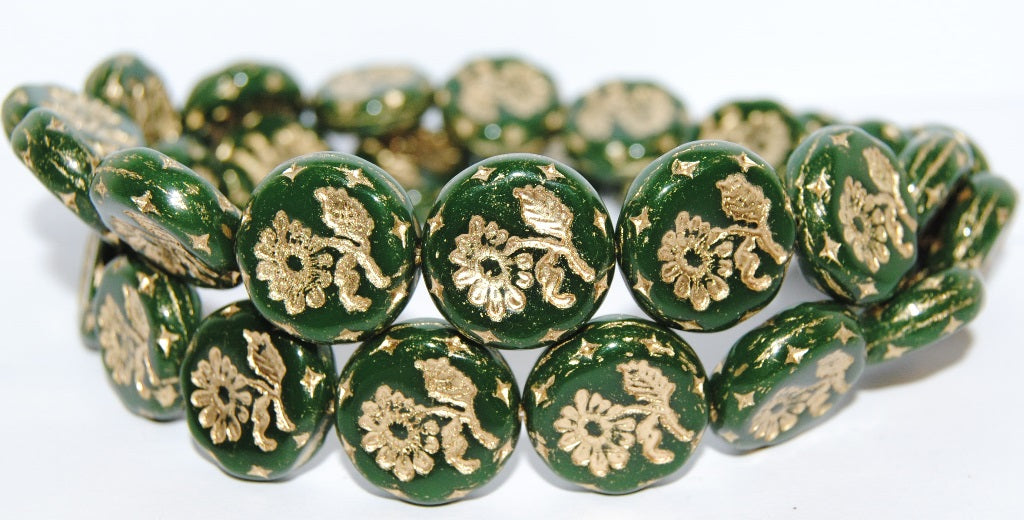 Round Flat With Flower Marguerite Pressed Glass Beads, Opaque Green 54202 (53240 54202), Glass, Czech Republic