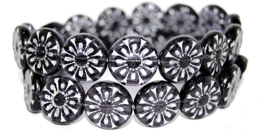 Flat Round With Flower Pressed Glass Beads, Transparent Light Amethyst 54201 (20310 54201), Glass, Czech Republic