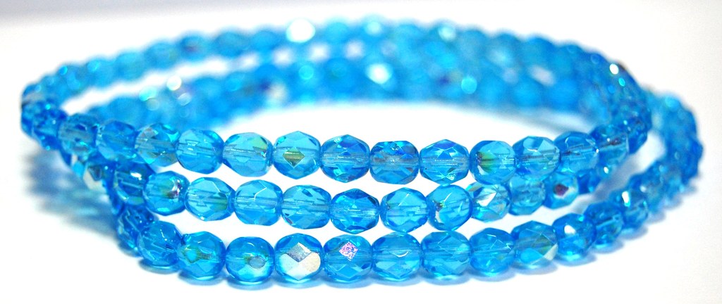 Fire Polished Round Faceted Beads, Transparent Aqua Ab (60020 Ab), Glass, Czech Republic