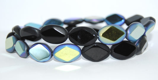 Table Cut Oval Beads With Rhomb, Black Ab (23980 Ab), Glass, Czech Republic