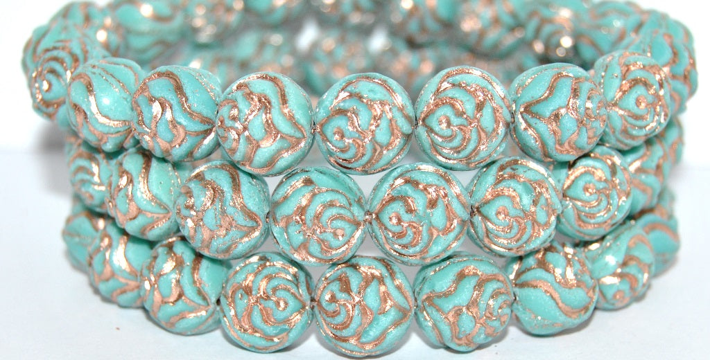 Round Rose Pressed Glass Beads, Turquoise 54200 (63130 54200), Glass, Czech Republic
