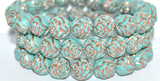 Round Rose Pressed Glass Beads, Turquoise 54200 (63130 54200), Glass, Czech Republic
