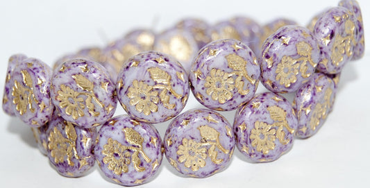 Round Flat With Flower Marguerite Pressed Glass Beads, Chalk White Lava Glass Purple 54202 (3000 Lava Glass Purple 54202), Glass, Czech Republic
